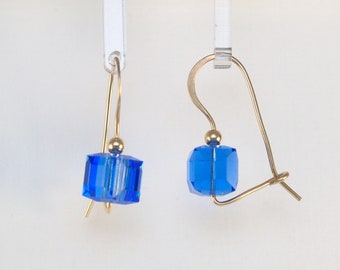 Swarovski Crystal Cube Lock Back Earrings - Choice of Vibrant Sparkling Color - Sterling Silver or Gold Filled