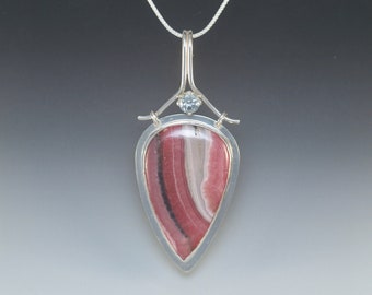 Rhodochrosite & Green Amethyst Sterling Silver OOAK Pendant - Statement Jewelry - Ice Cream Pink - Zoom Visible Jewelry