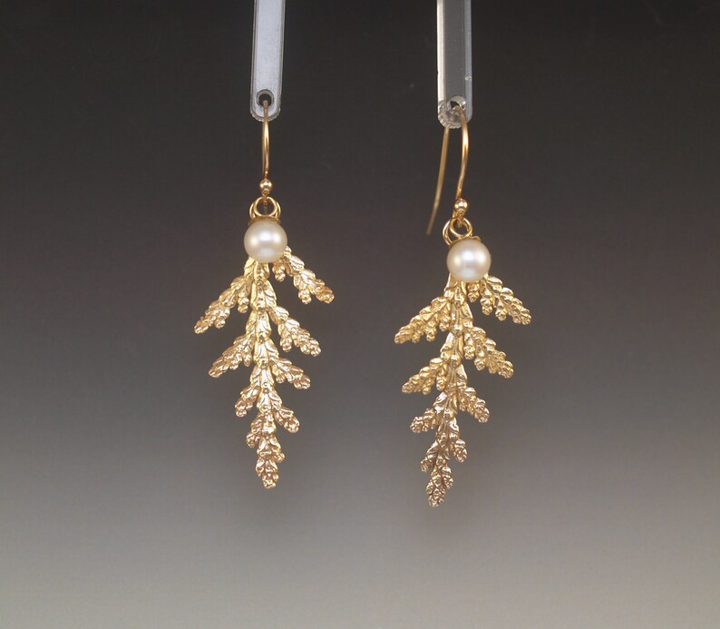 Individually Cast Solid 14k Gold Cypress Branch Earrings OOAK Up North Style Ultimate Nature Lover Gift image 2