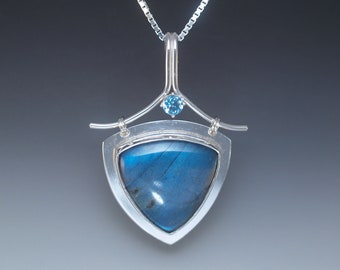 Sterling Silver Labradorite & Blue Topaz OOAK Pendant - Statement Jewelry - Blue Flash or Teal Flash - Iridescent - Kinetic