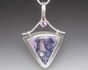 Sterling Silver Tiffany Stone and Amethyst OOAK Pendant - Statement Jewelry - Lilac/Lavender Bertrandite/Fluorite