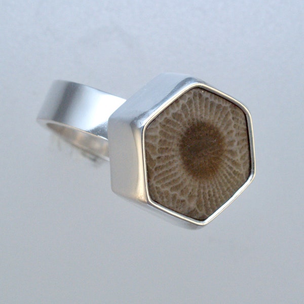 Hexagon Sterling Silver and Petoskey Stone Ring - Made to Order - Michigan Stone - Unique Shape