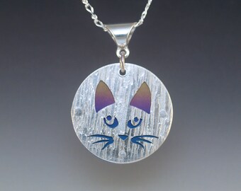 Cat Pendant - Anodized Niobium & Sterling Silver - Rainbow or Striped - Textured Silver - Hand Pierced