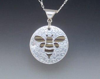 Bee Pendant - Anodized Niobium & Sterling Silver - Striped - Textured Silver - Hand Pierced Bumble Bee - Pollinator