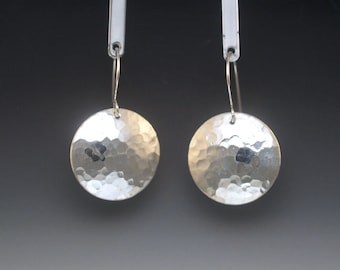 Hammered Argentium Sterling Silver Disc Earrings - Large (7/8") - Minimalist Earrings - Disco Ball Earrings - Domed Silver Disc Earrings