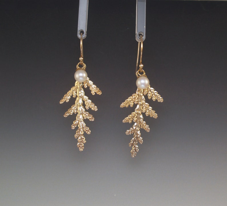 Individually Cast Solid 14k Gold Cypress Branch Earrings OOAK Up North Style Ultimate Nature Lover Gift image 1