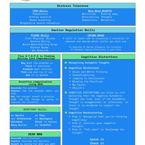 May include: A blue and green educational chart titled Mental Health Is Important, detailing therapy techniques including Distress Tolerance, Emotion Regulation, TIPP, PLEASE, DEAL, GIVE, FAST, and DEAR MAN skills, plus Cognitive Distortions and Restructuring.