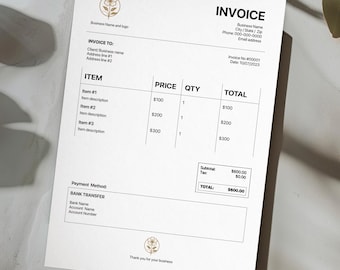 Invoice Template | Modern minimalist design | Professional Invoice for small business | Fully Editable A4
