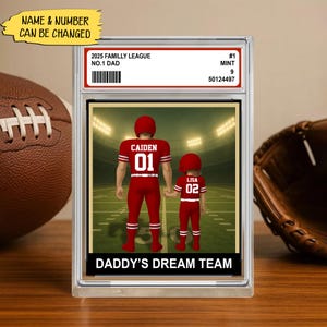 Voetbal nr. 1 vader vader man en kinderen ruilkaartstijl gepersonaliseerde acrylblokplaat, vaderdagcadeau voor voetbal papa's team, echtgenoot