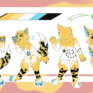 May include: Digital art of a yellow and white anthropomorphic canine character with blue accents. The character has a star on its chest and black and yellow striped markings. Additional elements include a collar, a tennis ball, and a genderqueer pride flag.