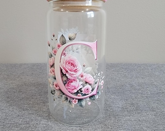 Personalized Monogram Glass Cups With Bling Lid Birthday Gift Bridal Gift Iced Coffee Cup Women Friends Mom Sister Teen Girls Any Letter