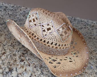 Custom Beach Cowboy Hat Rhinestone, Boho Cowboy Hats for Women, Bohemian Beach Festival Hat, Summer Hat, Straw Hat, Beach Hat