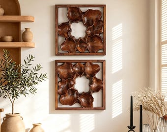 Hand-Carved Teak Wood Floral Wall Art: Boho Rustic Decor