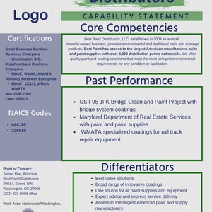 Peut inclure: Graphique promotionnel pour Best Paint Distributors, un fournisseur de peintures et revêtements. L'image comprend le logo de l'entreprise, les certifications, les codes NAICS et une liste des compétences de base, des performances passées et des facteurs de différenciation. Le site web est www.yourwebsite.com.
