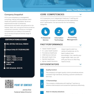 Peut inclure: Document bleu et blanc intitulé "XYZ Company Capability Statement" avec des informations sur l'entreprise, les compétences de base, les performances passées et les facteurs de différenciation. Comprend les coordonnées et un code QR.