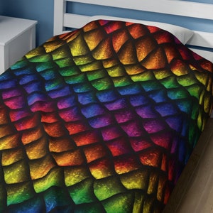 Rainbow Dragon Scales Blanket, Plush Velveteen Throw, Fantasy Inspired Blanket, Medieval Whimsigoth Home Decor, Mystical Throw Blanket