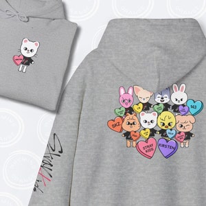 Personalized SKZoo Candy Hearts Hoodie, Stray Kids Custom Valentine&#39;s Unisex Sweatshirt, StrayKids SKZ KPop Merch, BangChan Felix Hyunjin