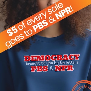 Democracy brought to you by the letters PBS & NPR Sweatshirt, Support Public Radio Television Unisex Shirt, Social Advocacy Voting Apparel