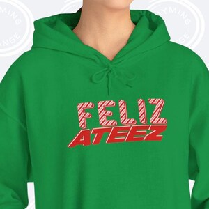 Ateez Holiday Hoodie, &quot;Feliz Ateez&quot; Christmas Unisex Hooded Sweatshirt, Atiny Kpop Merch, Festive Red-White Peppermint K-pop Shirt