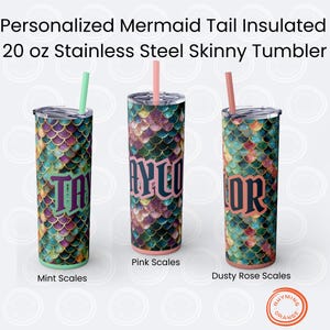 Mermaid Tail Skinny Tumbler with Straw, 20oz Stainless Steel Insulated Fantasy Sublimation Tumbler, Glitter Mermaid Scales Gamer Her Gift