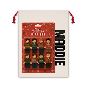 Personalisierte Stray Kids Minifigur Geschenkset Weihnachten Geschenktasche, Custom SKZ Bricks RIESEN Wichtelsack, StrayKids Urlaub Tote, festlicher Kpop Fan