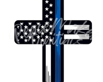 May include: A black cross with a thin white line and a blue line down the center. The cross is decorated with a pattern of white stars on a black background, resembling the American flag.