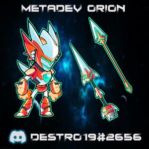 Puede incluir: Un personaje de robot rojo y blanco con una visera verde y una lanza. El personaje está de pie sobre un fondo azul y morado con el texto "METADEVC ORION" y "DESTRC19#2656".