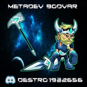 May include: A blue and white cartoon character with a beard and a horned helmet, holding a blue and white spear. The character is standing on a blue and green background with stars. The text "METADEB BCDVAR" is at the top of the image and the text "DESTRC19#2656" is at the bottom of the image.