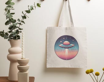 Bolsa de lona orgánica con diseño de ovni retro, bolsa de compras ecológica, ideal para amantes del espacio, regalo con temática extraterrestre, accesorio con diseño planetario.