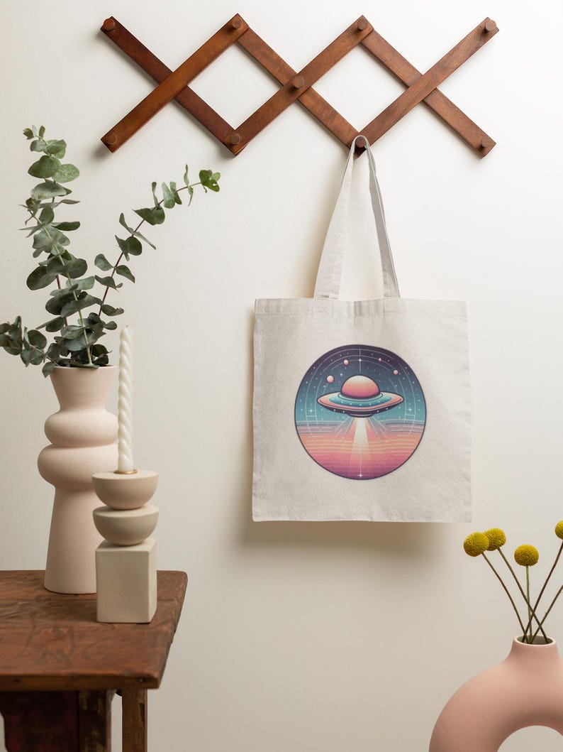 Retro UFO Organic Canvas Tote Bag, Eco-friendly Shopping Bag, Space ...