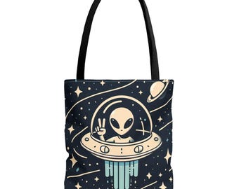 Bolsa de tela con diseño de nave espacial extraterrestre: bolsa de compras cósmica, regalo divertido para amantes de la ciencia ficción, bonita bolsa de diario, diseño único para entusiastas del espacio.