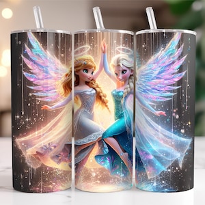 May include: Three stainless steel tumblers with straws, each featuring a fantasy illustration of two angelic figures with wings. The figures are dressed in flowing gowns, with a sparkling background and a celestial theme.