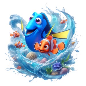 May include: A vibrant illustration featuring the characters Dory and Nemo from the animated film, surrounded by a splash of water. Dory is a large blue fish with yellow fins, and Nemo is an orange and white clownfish. Several smaller fish and aquatic elements complete the scene.