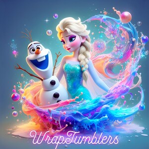 Może przedstawiać: Elsa i Olaf z Krainy Lodu są otoczeni kolorowymi rozpryskami wody. Tekst "Wrap Tumblers" znajduje się na dole obrazu.