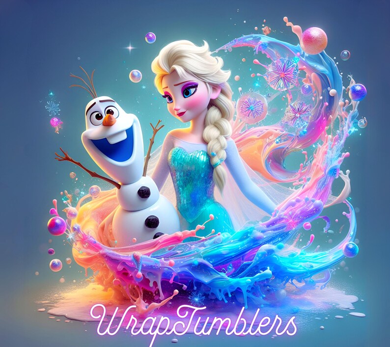 Może przedstawiać: Elsa i Olaf z Krainy Lodu są otoczeni kolorowymi rozpryskami wody. Tekst "Wrap Tumblers" znajduje się na dole obrazu.