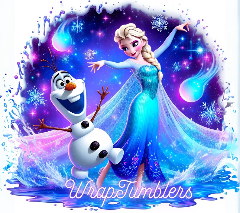 Może przedstawiać: Elsa i Olaf z Krainy Lodu stoją w niebiesko-fioletowej scenerii wodnej. Elsa ma na sobie niebieską i białą sukienkę oraz długą niebieską pelerynę. Olaf jest ubrany w sw&oacute;j charakterystyczny str&oacute;j bałwana. Tło to rozgwieżdżone nocne niebo z płatkami śniegu.