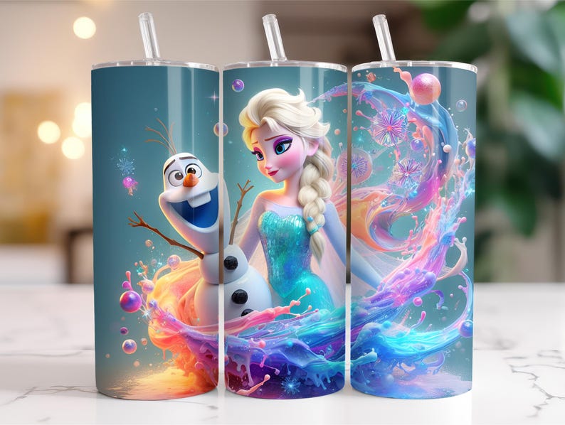 Może przedstawiać: Trzy kubki ze stali nierdzewnej z kolorowym wzorem przedstawiającym animowaną Elsę z Krainy Lodu i Olafa. Wz&oacute;r zawiera błękitny, r&oacute;żowy i fioletowy wir z płatkami śniegu.