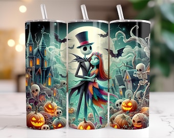 Jack Skellington and Sally halloween Spooky Season 20oz Skinny  Tapered Wrap,couple halloween Coffee Tumbler nightmare before