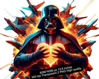 Op de afbeelding: Darth Vader, een fictief personage uit Star Wars, wordt afgebeeld met een gloeiend hart in zijn handen. Hij wordt omringd door een vurige explosie en verschillende straaljagers. De afbeelding is 4096 x 4096 pixels en 300 dpi. Het is een hoogwaardige PNG-afbeelding.