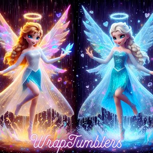 May include: Two digital illustrations of fairy-like figures with angel wings, halos, and flowing gowns. One has blonde hair and the other has white hair. The figures are surrounded by sparkling effects and the text "WrapTumblers" is at the bottom.