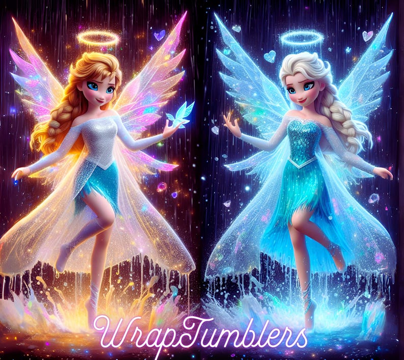 May include: Two digital illustrations of fairy-like figures with angel wings, halos, and flowing gowns. One has blonde hair and the other has white hair. The figures are surrounded by sparkling effects and the text "WrapTumblers" is at the bottom.