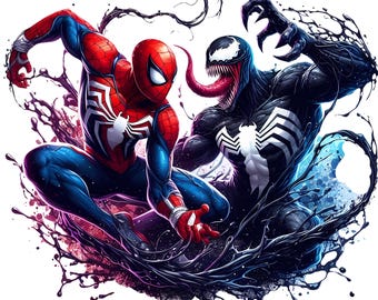 Spiderman & Venom Watercolor Splash 4 PNG: Sublimation Design (Digital Download)