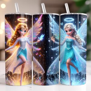 May include: Three stainless steel tumblers with straws, each featuring a fantasy illustration of a fairy with angel wings, a halo, and a flowing gown. The fairy is depicted in shades of blue, white, and gold, set against a dark, starry background.
