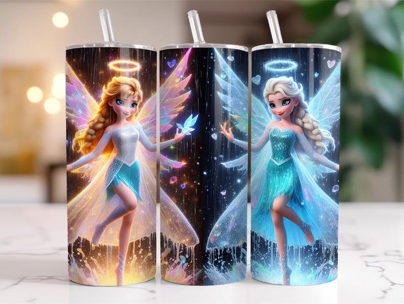 May include: Three stainless steel tumblers with straws, each featuring a fantasy illustration of a fairy with angel wings, a halo, and a flowing gown. The fairy is depicted in shades of blue, white, and gold, set against a dark, starry background.