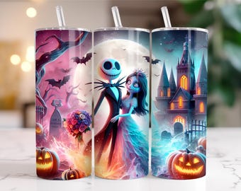 Jack Skellington and Sally halloween Spooky Season 20oz Skinny  Tapered Wrap,couple halloween Coffee Tumbler nightmare before