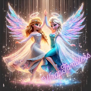 May include: Digital illustration of two angelic figures with large, iridescent wings, wearing flowing gowns. One figure has blonde hair, the other has auburn hair. The image has the text "Wrap Tumblers" in a cursive font.