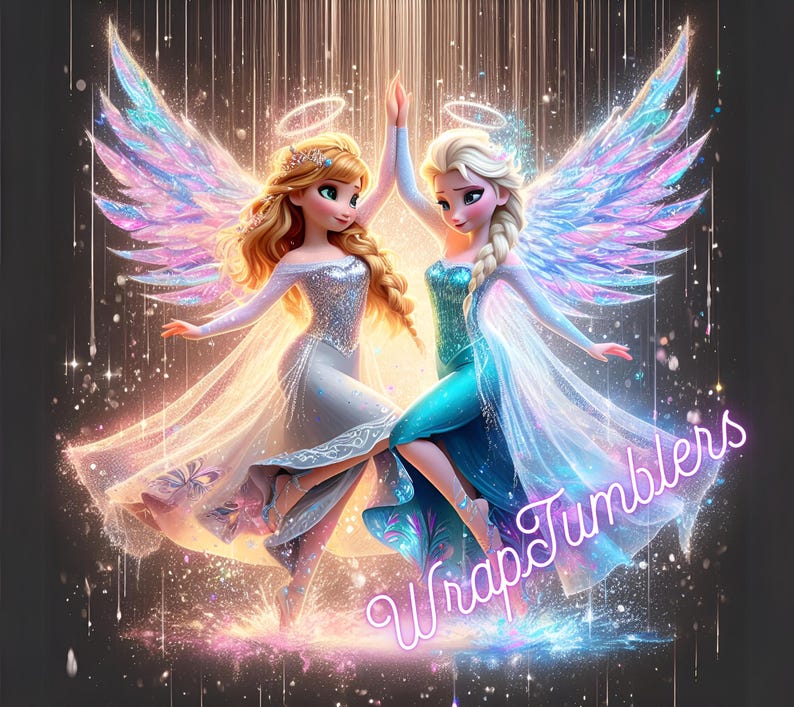 May include: Digital illustration of two angelic figures with large, iridescent wings, wearing flowing gowns. One figure has blonde hair, the other has auburn hair. The image has the text "Wrap Tumblers" in a cursive font.