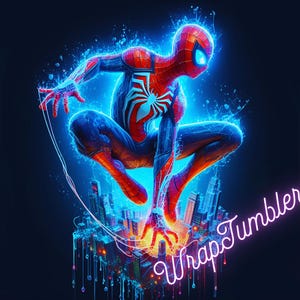 May include: A digital illustration of Spider-Man in a dynamic pose, surrounded by a vibrant blue energy effect. The character is depicted in his classic red and blue suit, with a white spider emblem on his chest. The background features a cityscape and the text "WrapTumblers".