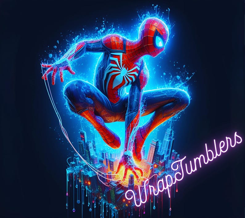 May include: A digital illustration of Spider-Man in a dynamic pose, surrounded by a vibrant blue energy effect. The character is depicted in his classic red and blue suit, with a white spider emblem on his chest. The background features a cityscape and the text "WrapTumblers".
