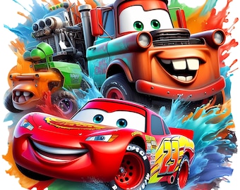 May include: A vibrant illustration of animated cars from the movie Cars. The image features Lightning McQueen, Mater, and other characters, set against a colorful splash background. The cars are depicted with expressive faces and bright colors.